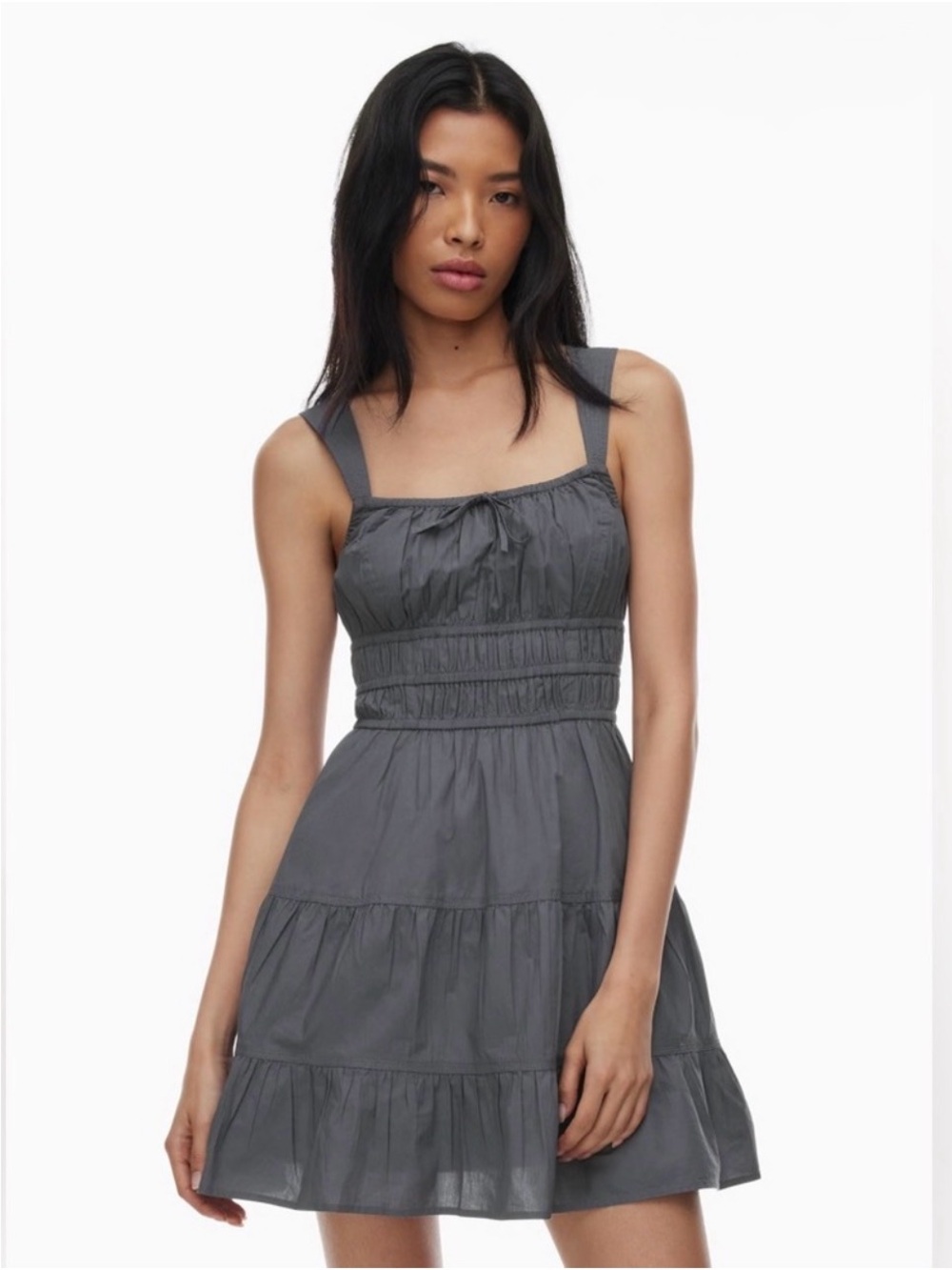 Sunday Best Gray Smocked Tiered Blue/Grey Mini Dress from Aritzia